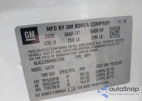 2017 Buick Encore z USA, uszkodzony, nr VIN KL4CJ3SB4HB075286